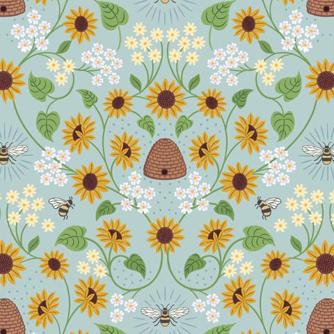 Bee hive on pale blue - 100% cotton - Lewis and Irene - Sunflowers