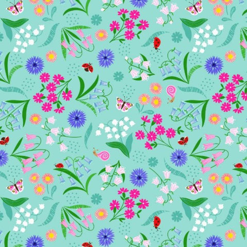 Bell flowers on aqua - 100% cotton - Lewis and Irene - Spring flowers