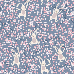 Swinging bunnies on denim blue - 100% cotton - Lewis and Irene
