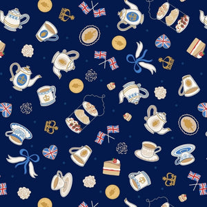 Tea party on dark blue with gold metallic  - 100% cotton - Lewis and Irene - Coronation day
