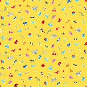 Pool icons scatter yellow - 100% cotton - Makower - Pool Party