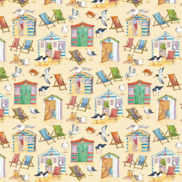 Beach huts on beige by Emma Ball, 100% cotton fabric