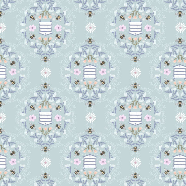 Bee Hives on Soft Blue - 100% cotton - Lewis & Irene - Honey Sweet