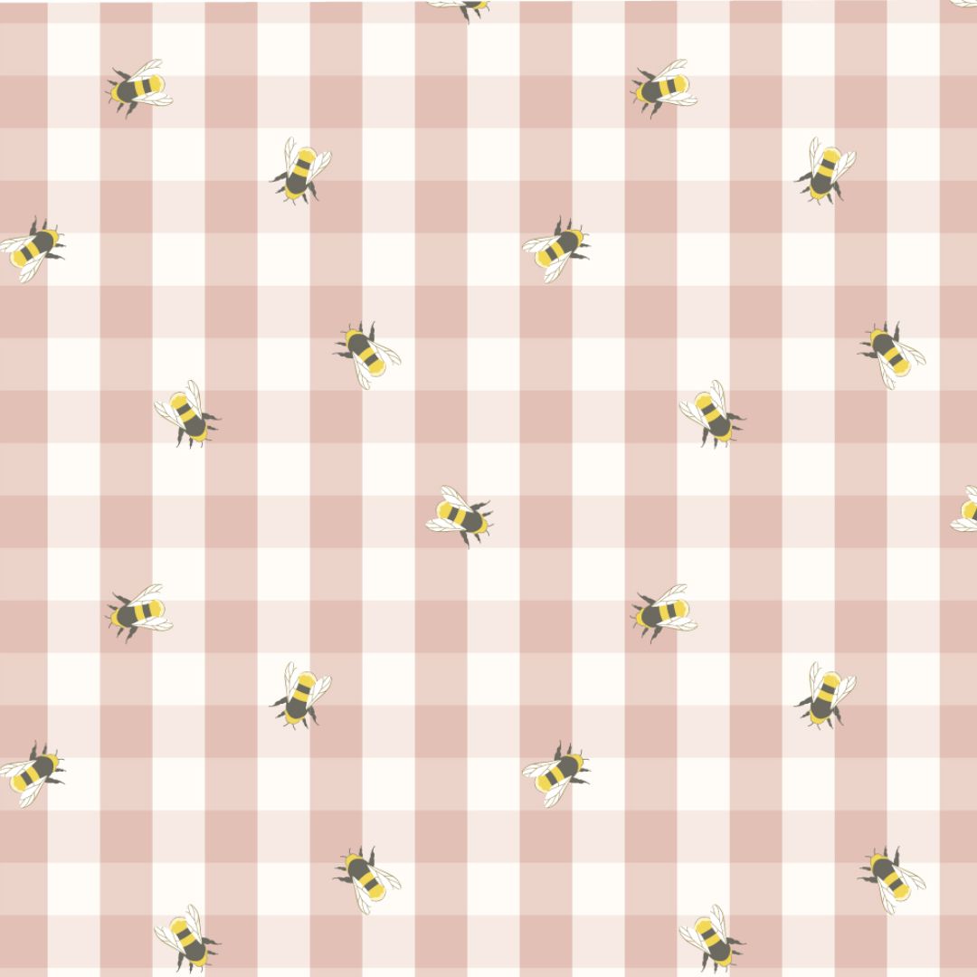 Bee and floral fabric on pink and white gingham.