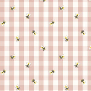 Bee and floral fabric on pink and white gingham.