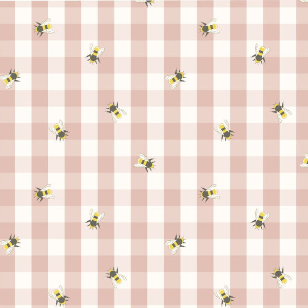 Bee and floral fabric on pink and white gingham.