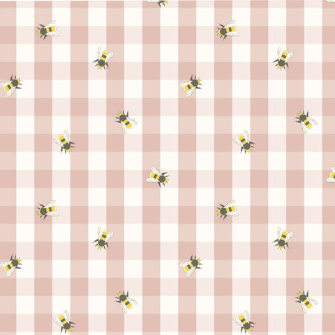 Bee and floral fabric on pink and white gingham.