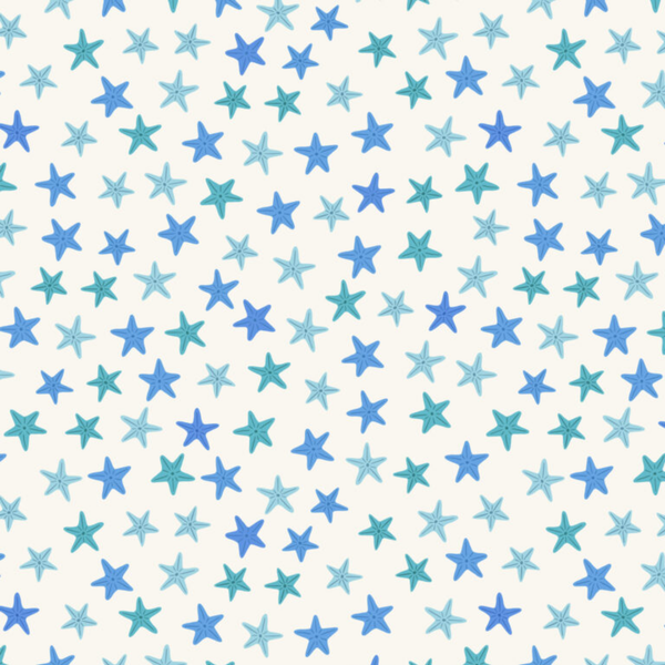 A repeating pattern of hand-drawn starfish in various shades of blue and teal on a warm off-white background.