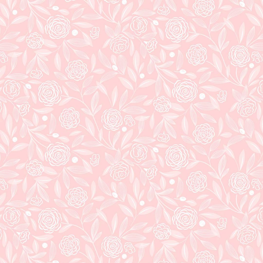 A soft pink background with delicate white floral outlines of camellia-like roses and leaves.