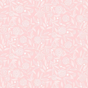 A soft pink background with delicate white floral outlines of camellia-like roses and leaves.