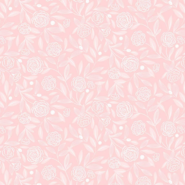 A soft pink background with delicate white floral outlines of camellia-like roses and leaves.