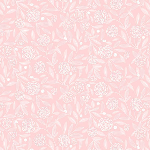 A soft pink background with delicate white floral outlines of camellia-like roses and leaves.