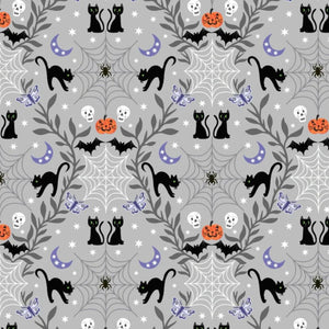 Cobwebs and Cats on Grey - 100% cotton - Lewis & Irene - Castle Spooky