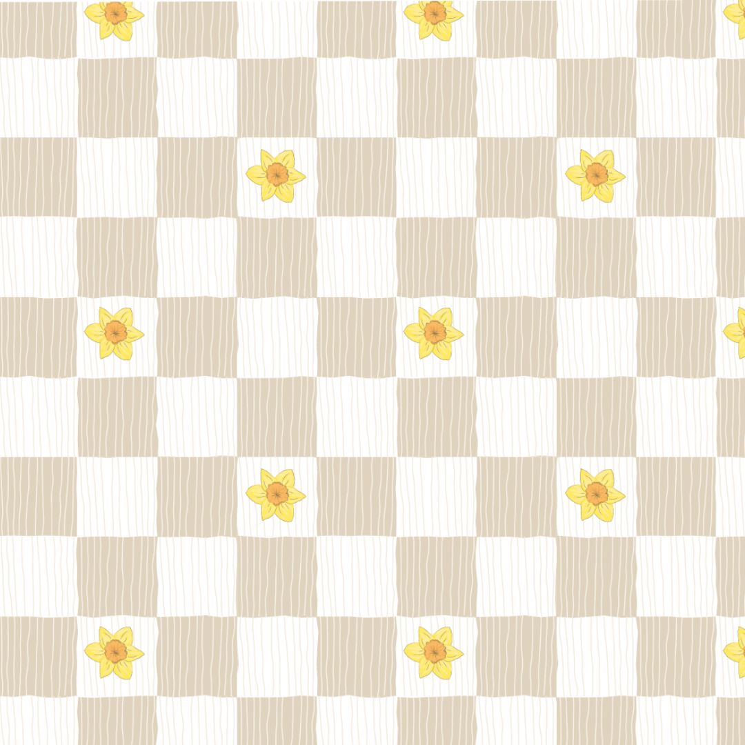 Cream and beige gingham fabric with yellow daffodil flowers.