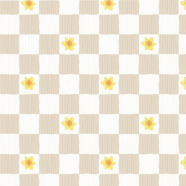 Cream and beige gingham fabric with yellow daffodil flowers.