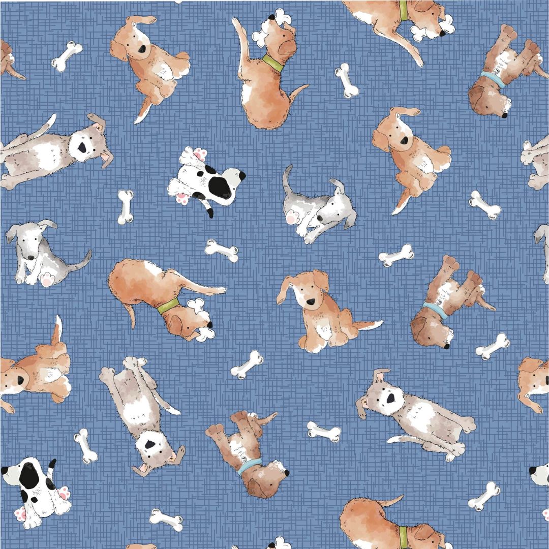 Fabric featuring cartoon-style dogs in various poses and scattered white bones on a textured blue background.