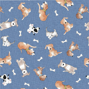 Fabric featuring cartoon-style dogs in various poses and scattered white bones on a textured blue background.
