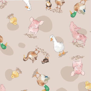 Close-up of a fabric featuring cartoon-style pigs, ducks, and geese scattered on a light beige background with subtle speckles.