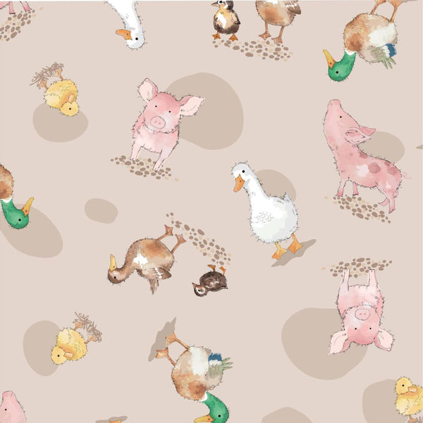 Close-up of a fabric featuring cartoon-style pigs, ducks, and geese scattered on a light beige background with subtle speckles.