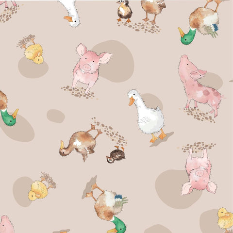 Close-up of a fabric featuring cartoon-style pigs, ducks, and geese scattered on a light beige background with subtle speckles.