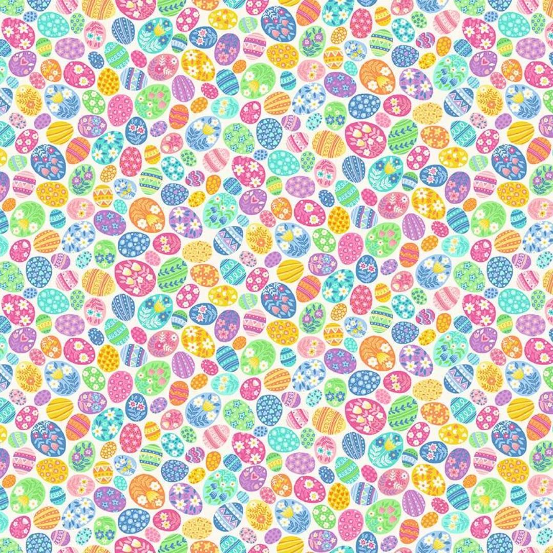 A vibrant fabric featuring colorful, intricately patterned Easter eggs in pastel hues on a light cream background, perfect for spring projects.