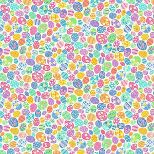 A vibrant fabric featuring colorful, intricately patterned Easter eggs in pastel hues on a light cream background, perfect for spring projects.