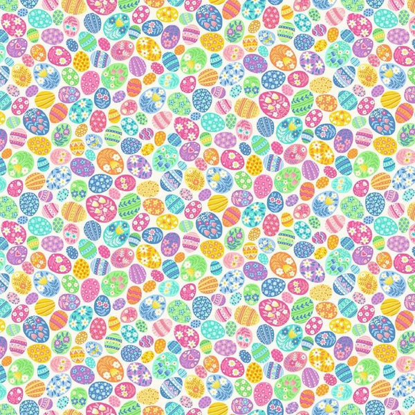 A vibrant fabric featuring colorful, intricately patterned Easter eggs in pastel hues on a light cream background, perfect for spring projects.