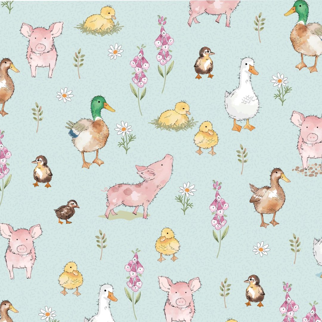 A fabric showcasing cartoon-style pigs, ducks, and geese interspersed with delicate pink foxglove flowers and small white daisy-like flowers on a pale blue background.