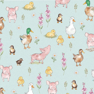 A fabric showcasing cartoon-style pigs, ducks, and geese interspersed with delicate pink foxglove flowers and small white daisy-like flowers on a pale blue background.