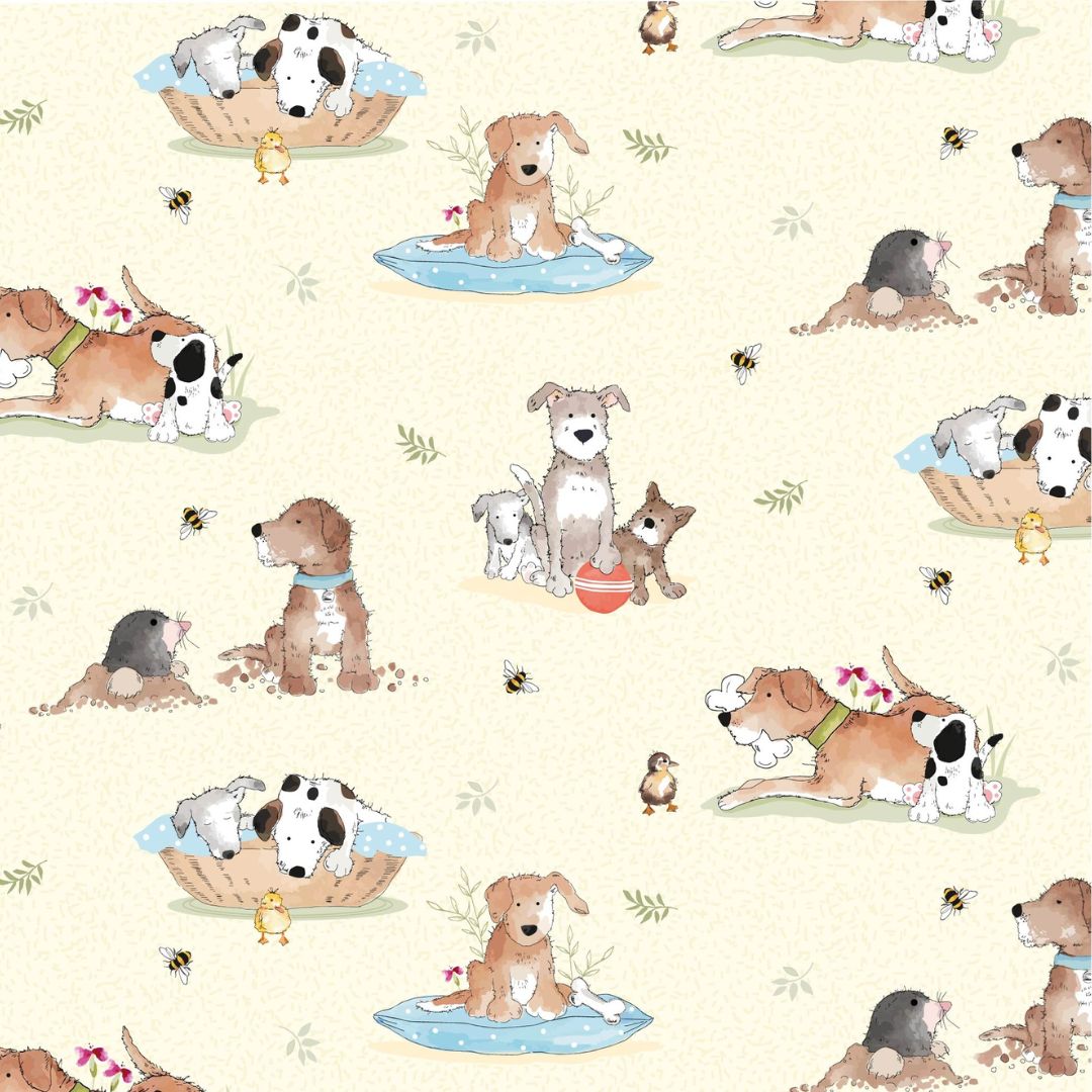 Light cream fabric featuring a print of different cartoon-style dogs with bees and paw prints scattered throughout.