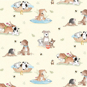 Light cream fabric featuring a print of different cartoon-style dogs with bees and paw prints scattered throughout.