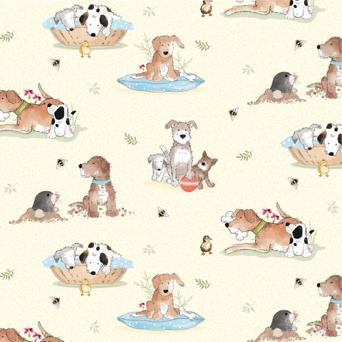 Light cream fabric featuring a print of different cartoon-style dogs with bees and paw prints scattered throughout.