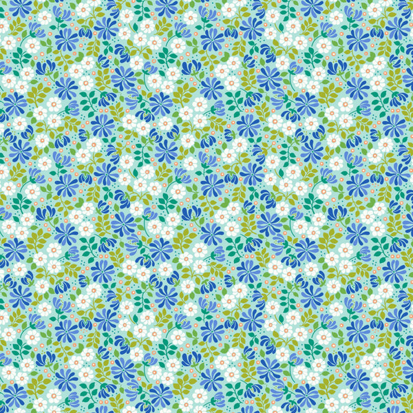 Floral Burst Aqua Blue - 100% cotton - Lewis & Irene - Boho Blooms