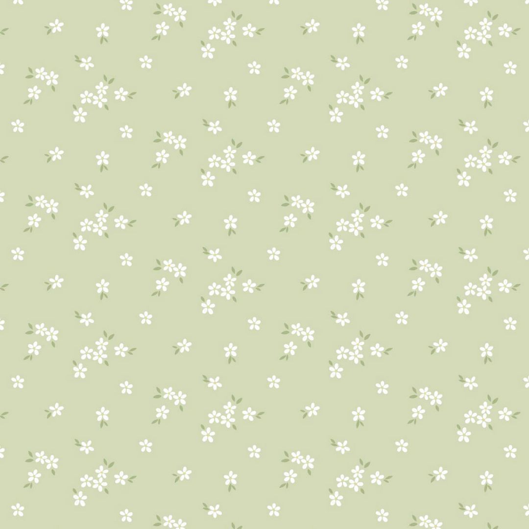 Flowerets - A soft sage green fabric with delicate clusters of tiny white flowers and leaves.