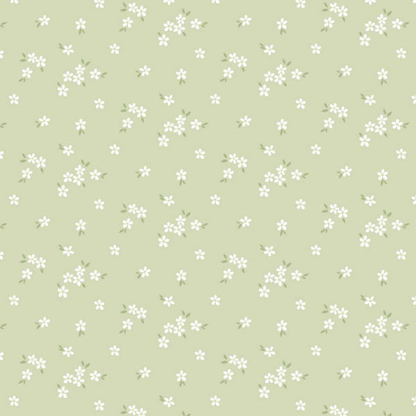 Flowerets - A soft sage green fabric with delicate clusters of tiny white flowers and leaves.