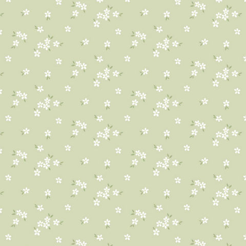 Flowerets - A soft sage green fabric with delicate clusters of tiny white flowers and leaves.