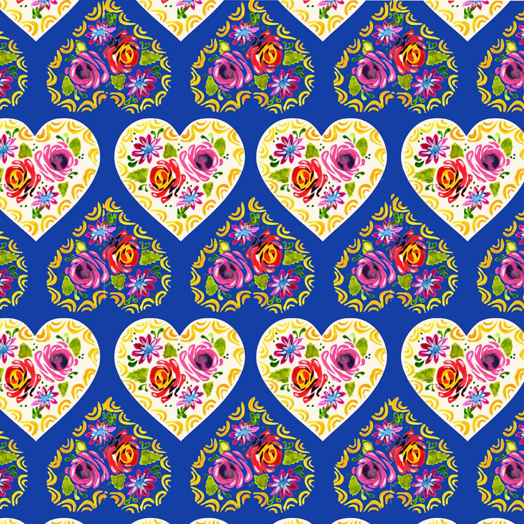 Folk Hearts Blue - 100% organic cotton - Make + Believe - Bohemian Waters by Debbie Shore