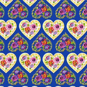 Folk Hearts Blue - 100% organic cotton - Make + Believe - Bohemian Waters by Debbie Shore