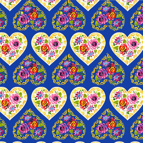 Folk Hearts Blue - 100% organic cotton - Make + Believe - Bohemian Waters by Debbie Shore