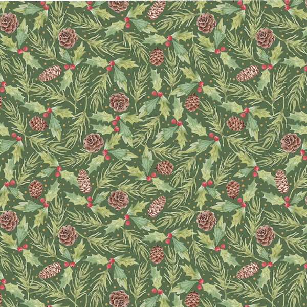 Forest thicket 100% cotton fabric: featuring green holly leaves, pinecones, and small red berries on a dark green background.