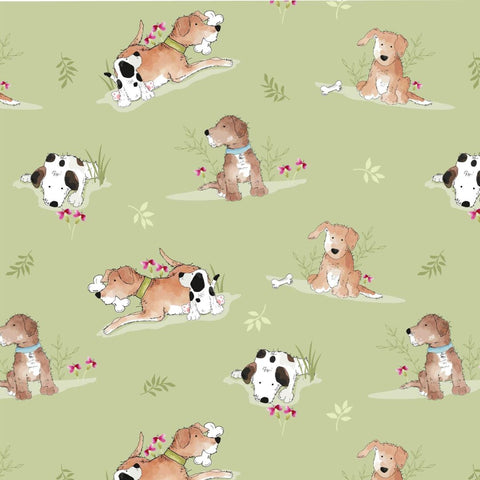 Cartoon-style dogs in various poses, scattered with bones and leafy green plants on a light green background.