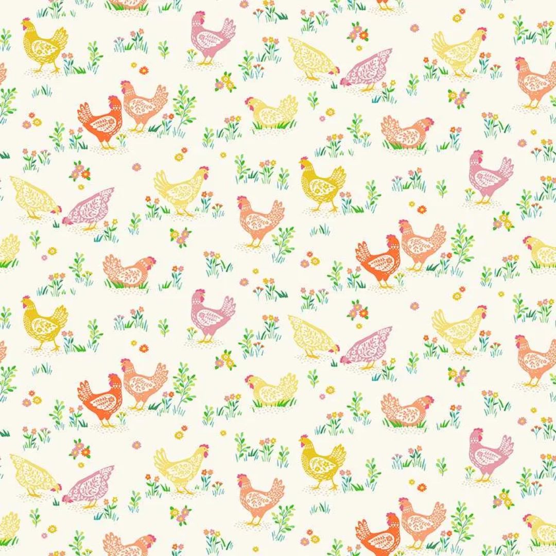 Pastel coloured chickens, floral accents, and greenery on a cream background, Makower Hello Spring collection