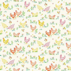 Pastel coloured chickens, floral accents, and greenery on a cream background, Makower Hello Spring collection