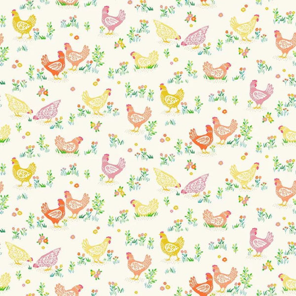 Pastel coloured chickens, floral accents, and greenery on a cream background, Makower Hello Spring collection