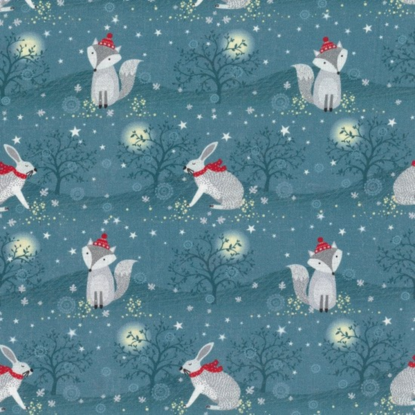 Hare and Fox by Nutex: grey foxes and rabbits with red scarves, dark tree silhouettes, stars, and glowing yellow moon shapes.