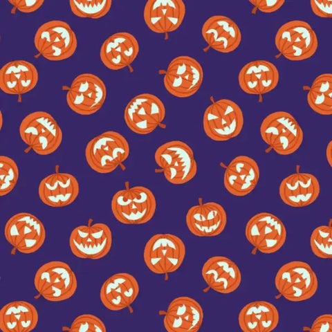 Pumpkin Faces on Purple - 100% cotton - Lewis & Irene - Haunted House