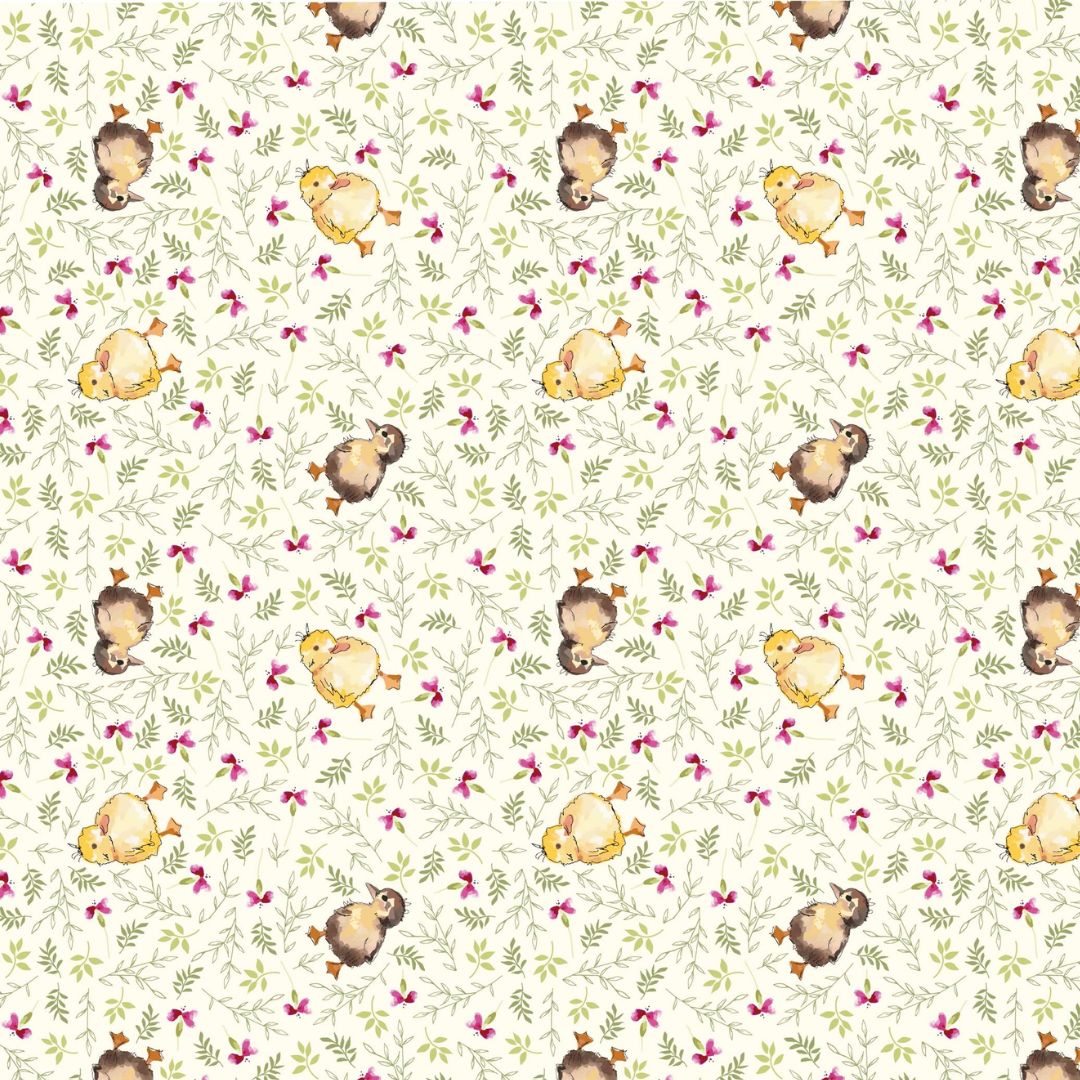 Non-directional fabric with baby chicks on a cream background with purple flowers and cream foliage.