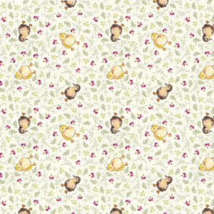 Non-directional fabric with baby chicks on a cream background with purple flowers and cream foliage.