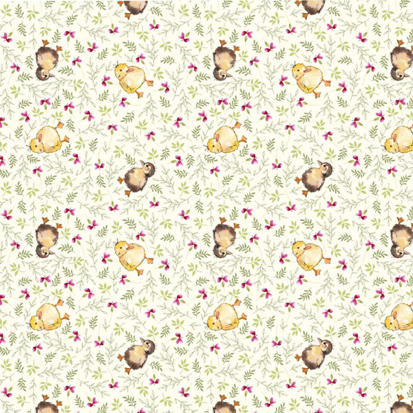 Non-directional fabric with baby chicks on a cream background with purple flowers and cream foliage.