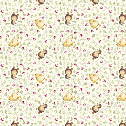 Non-directional fabric with baby chicks on a cream background with purple flowers and cream foliage.
